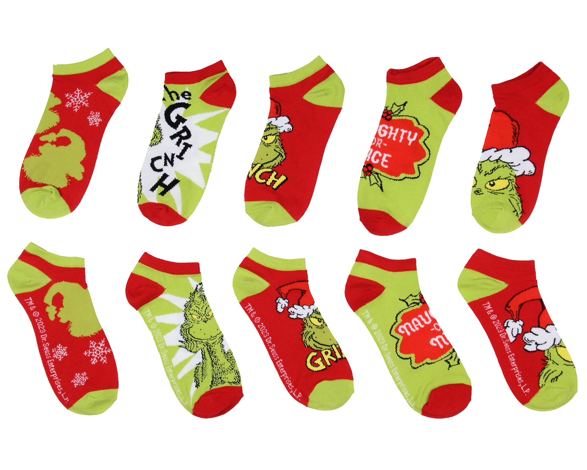 Dr. Seuss GRINCH Santa Christmas Naughty or Nice Low Cut Ankle Socks 5 Pack