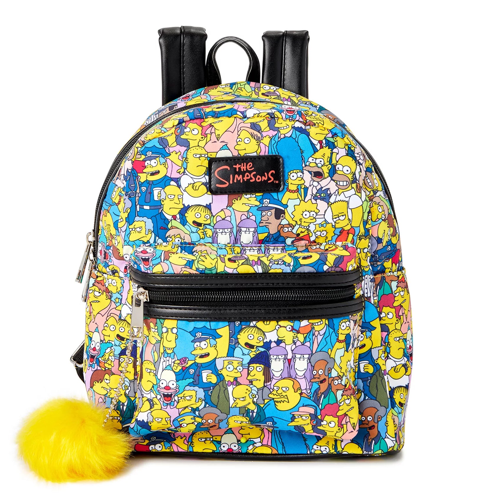 The Simpsons All Over Character Print Women's Mini Backpack With Pom Zipper Pull 11"