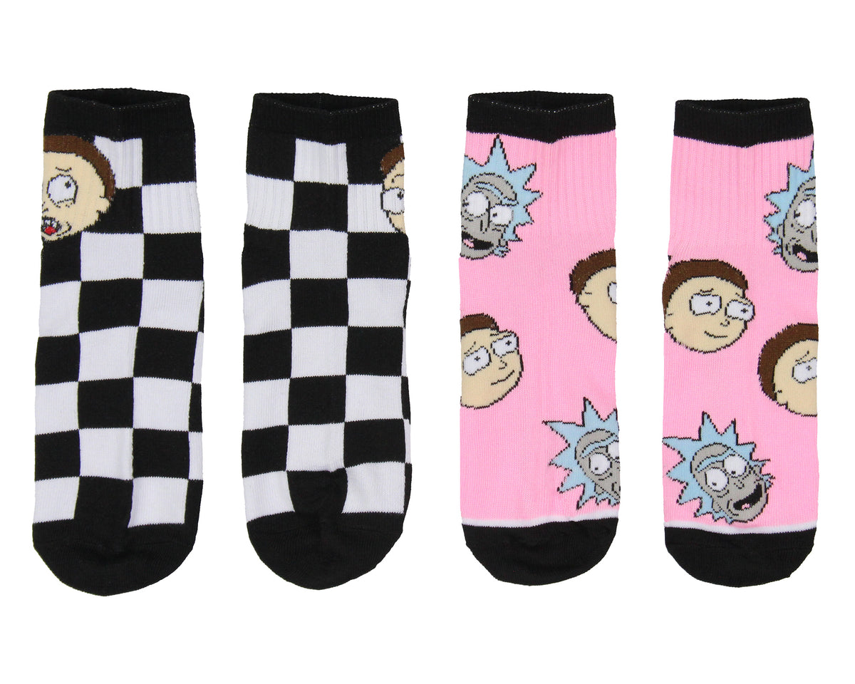 Rick and Morty Men's Face Expressions Print Checkered Quarter Crew Socks 2 Count