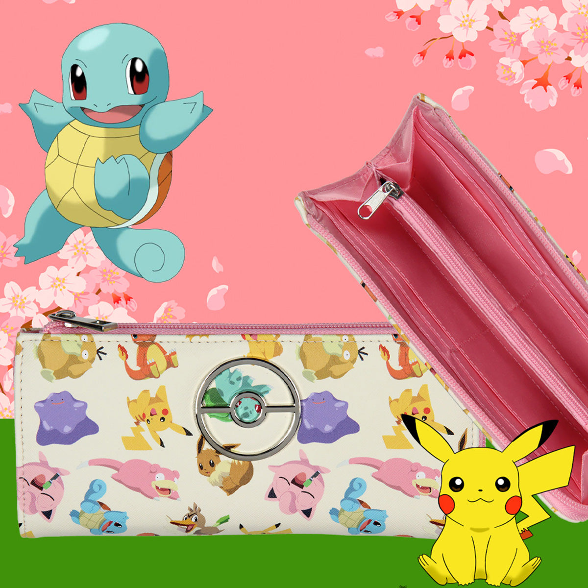 Pokemon Allover Character Zip Around Closure Faux Leather Wallet For Women