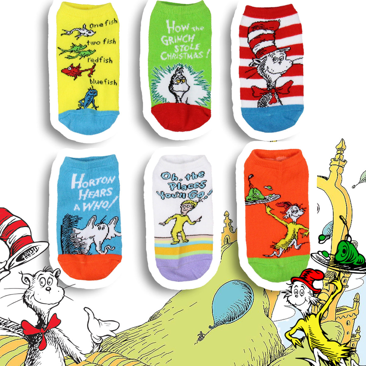 Dr. Seuss Socks Kids Book Character Designs Mix n' Match Ankle Socks 6 Pack