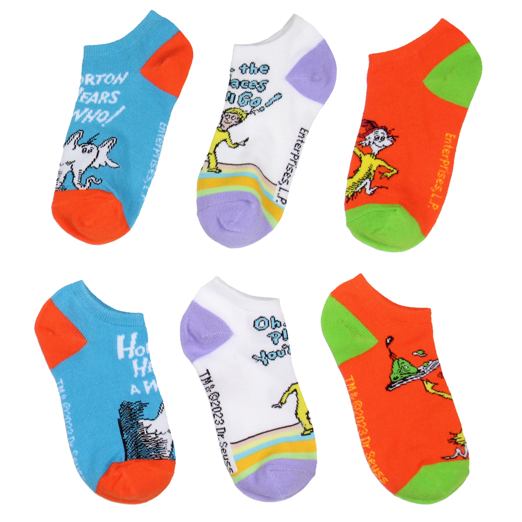 Dr. Seuss Socks Kids Book Character Designs Mix n' Match Ankle Socks 6 Pack