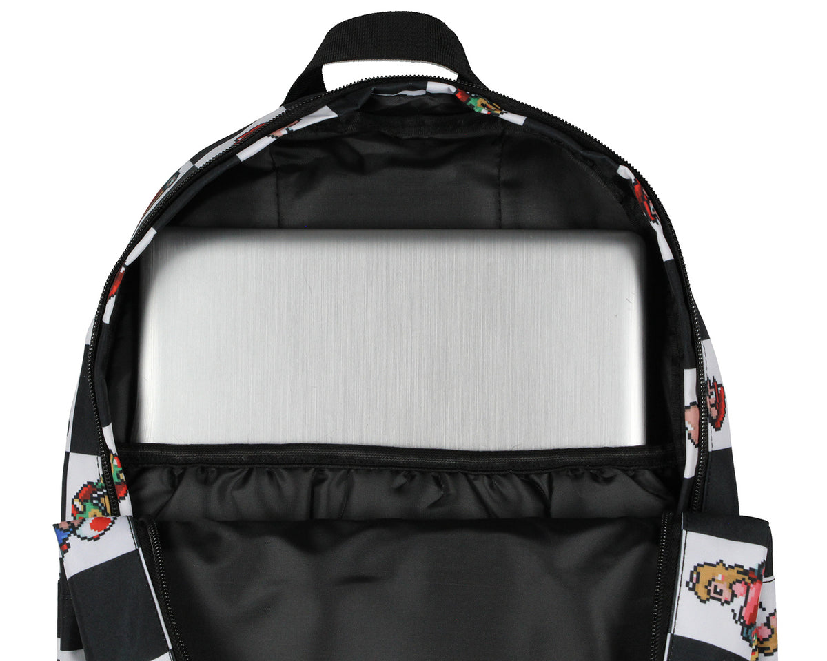 Super Nintendo Mario Kart 8-Bit Character Checkered Travel Laptop Backpack 17"