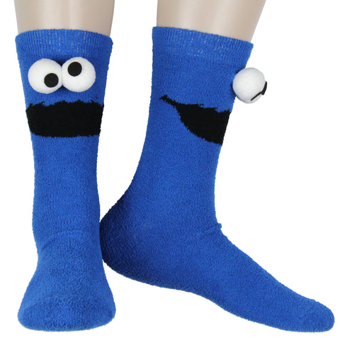 Sesame Street Socks 3D Eyes Cookie Monster Adult Chenille Fuzzy Plush Crew Socks