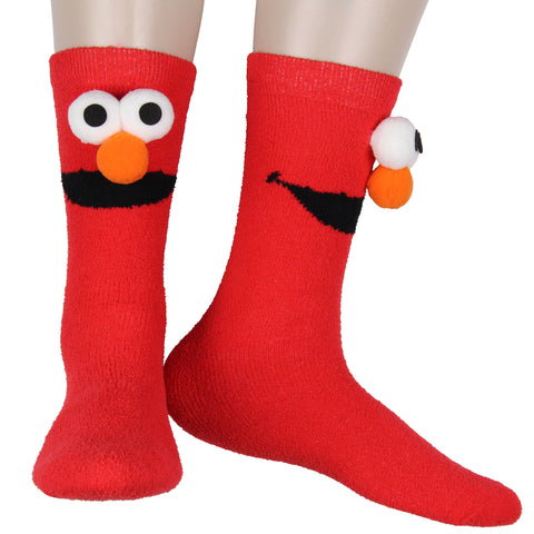 Sesame Street Socks 3D Eyes And Nose Elmo Adult Chenille Fuzzy Plush Crew Socks