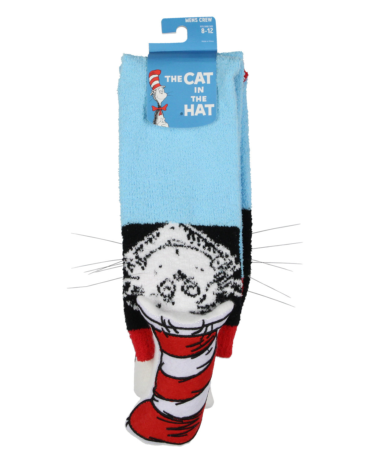 Dr. Seuss Cat in The Hat 3D Striped Hat Design Chenille Men's Crew Socks