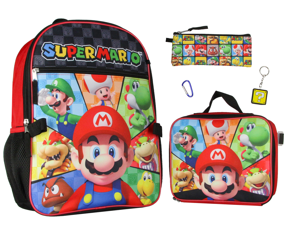 Super Mario Multicharacter 5PC Kids Lunch Box And Backpack Set 16"