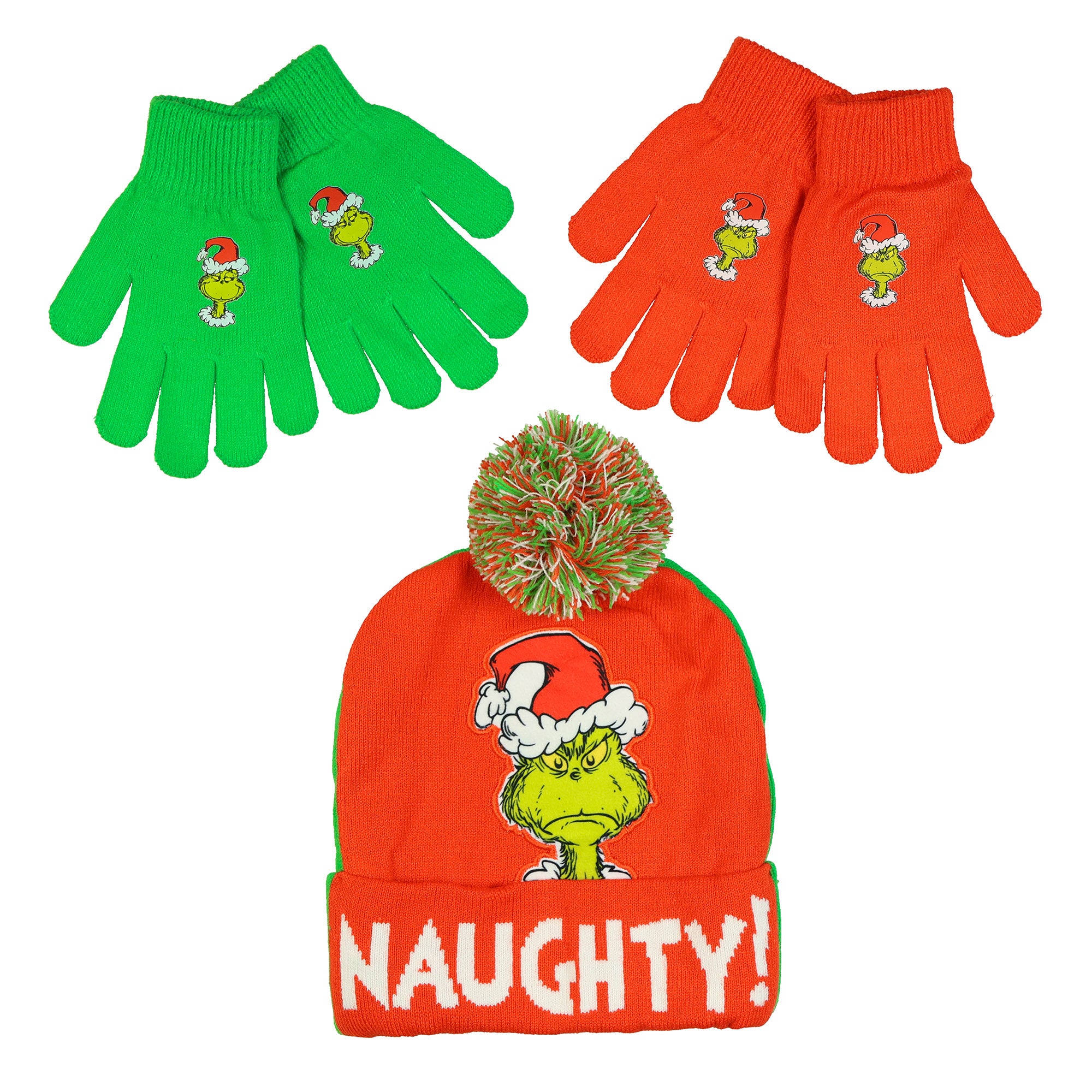 Dr. Seuss The Grinch Naughty and Nice Kid's Double-Sided Cuff Beanie Glove Set