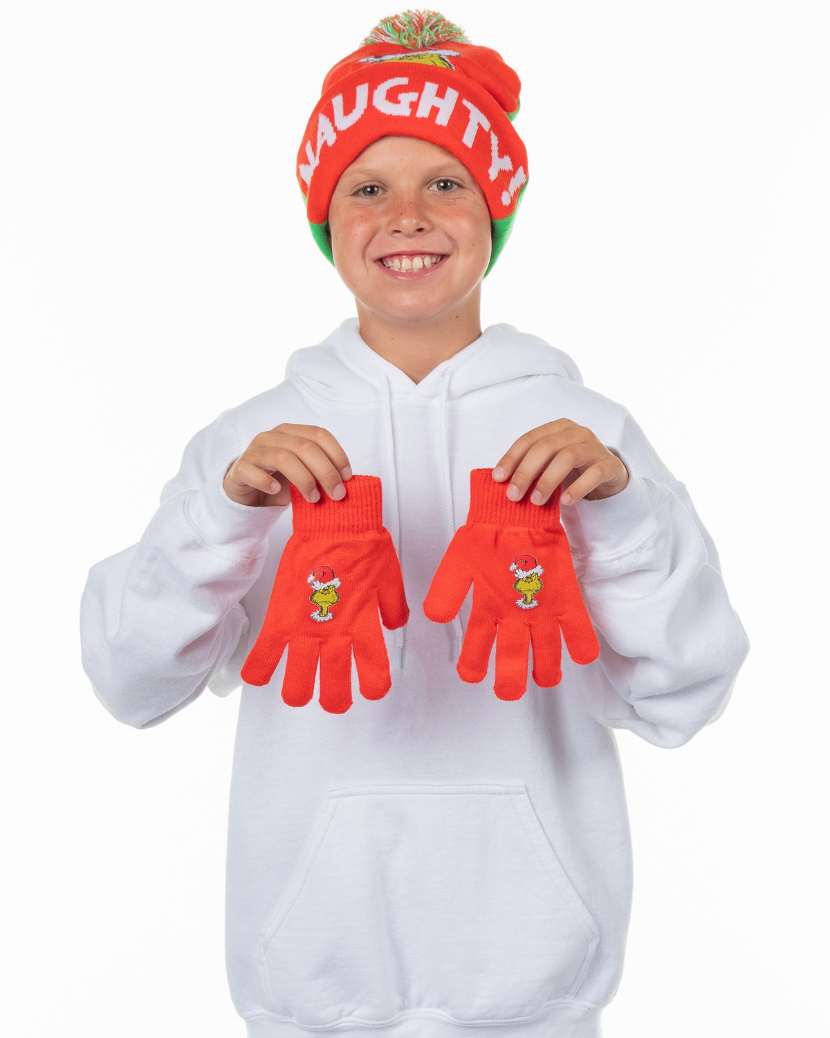 Dr. Seuss The Grinch Naughty and Nice Kid's Double-Sided Cuff Beanie Glove Set