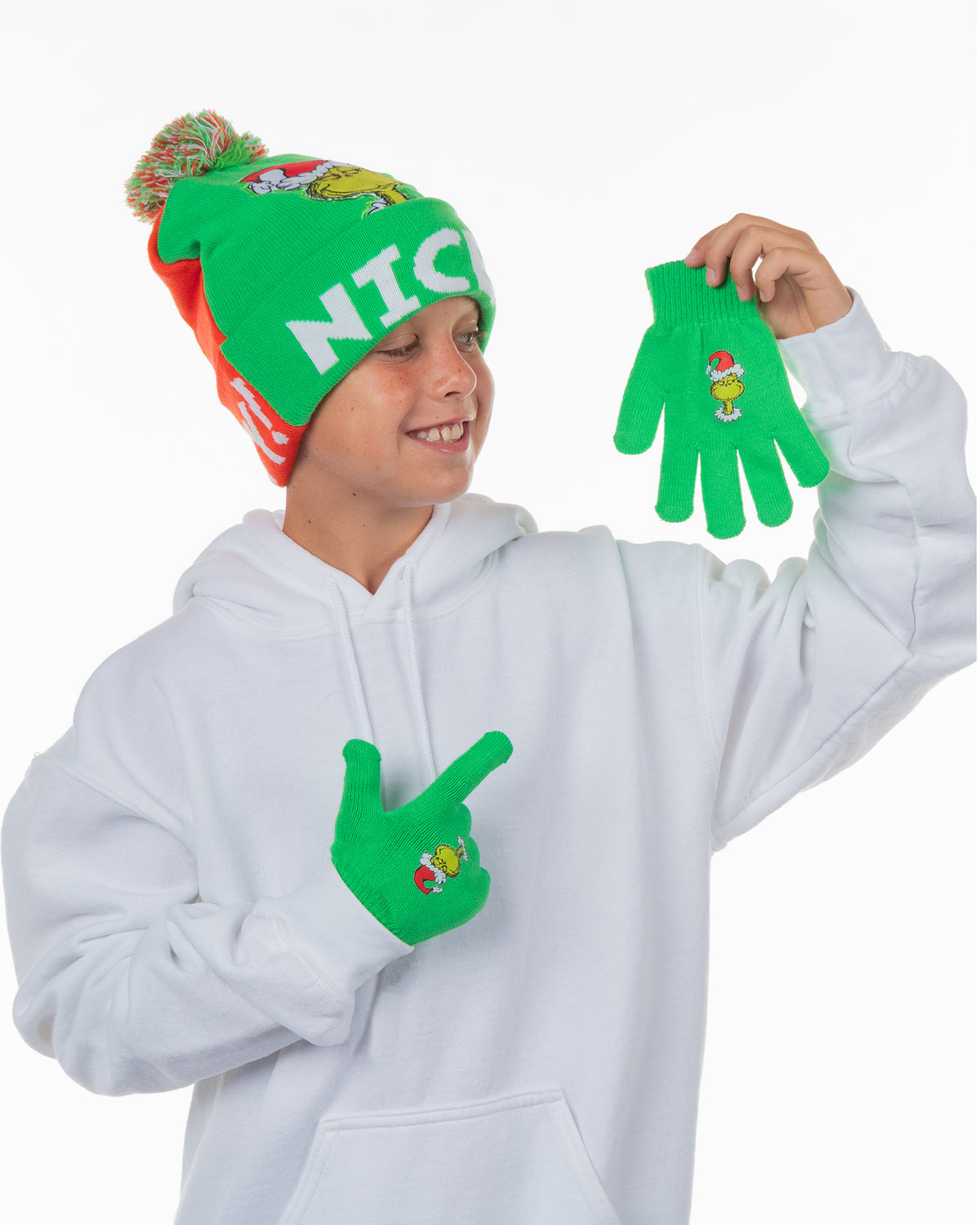 Dr. Seuss The Grinch Naughty and Nice Kid's Double-Sided Cuff Beanie Glove Set