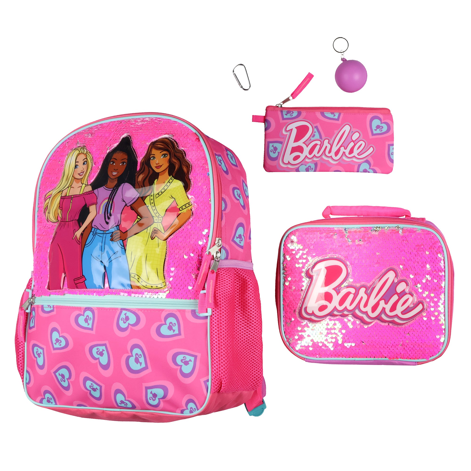 Barbie Backpack Barbie and Friends Magic Sequins 5 PC Set with Lunch Box 16"