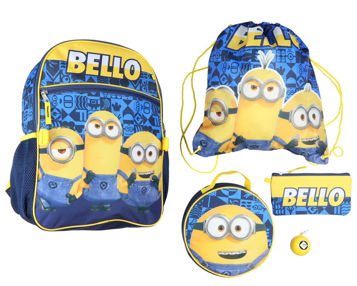 Minions Backpack Bello Character Design 5 Piece Set with Lunch Box 16"