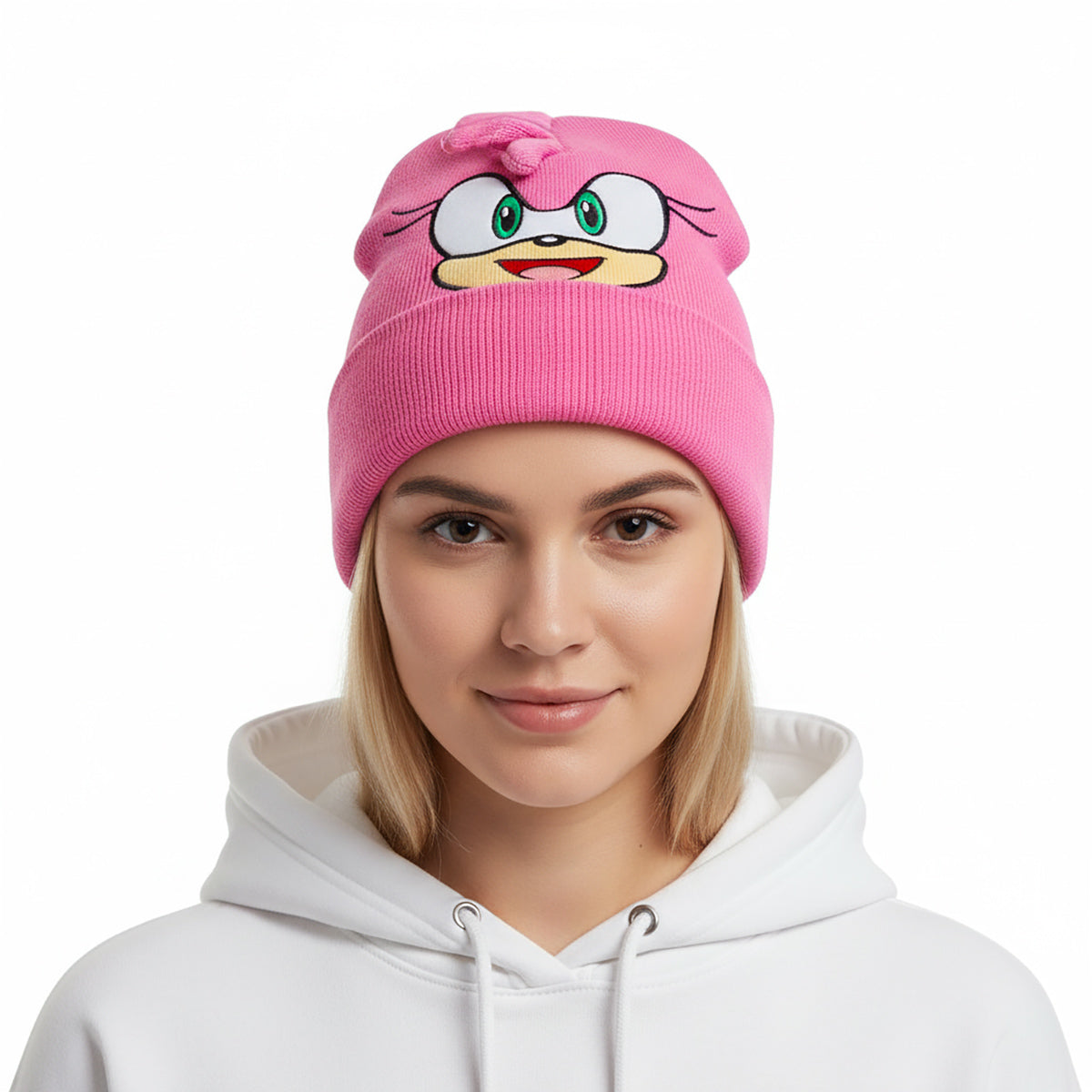 Sonic The Hedgehog Beanie Amy Rose Cuffed Knit Hat with 3D Quills and Ears