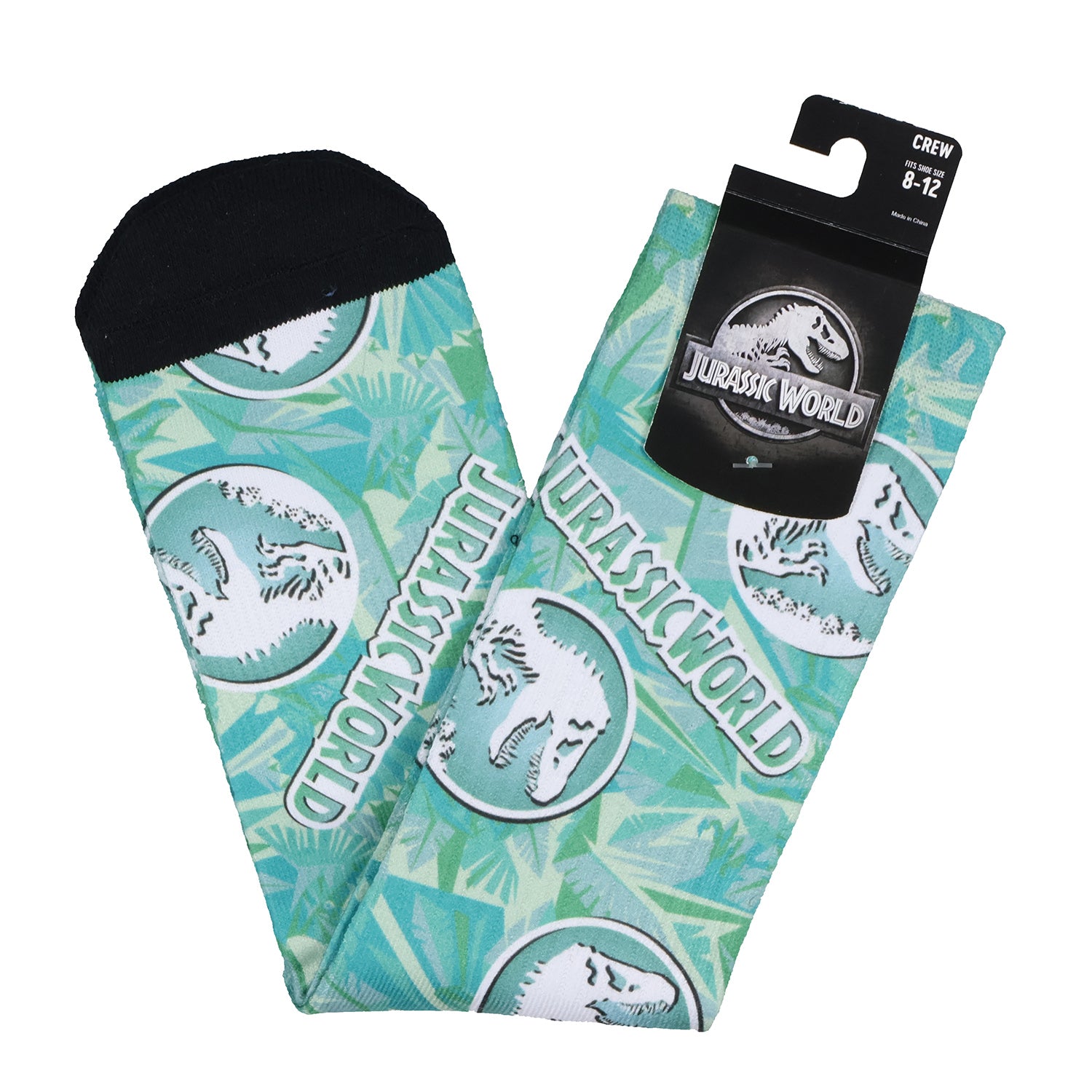 Jurassic World Socks Men's Tropical foliage Logo AOP Sublimated Crew Socks 8-12