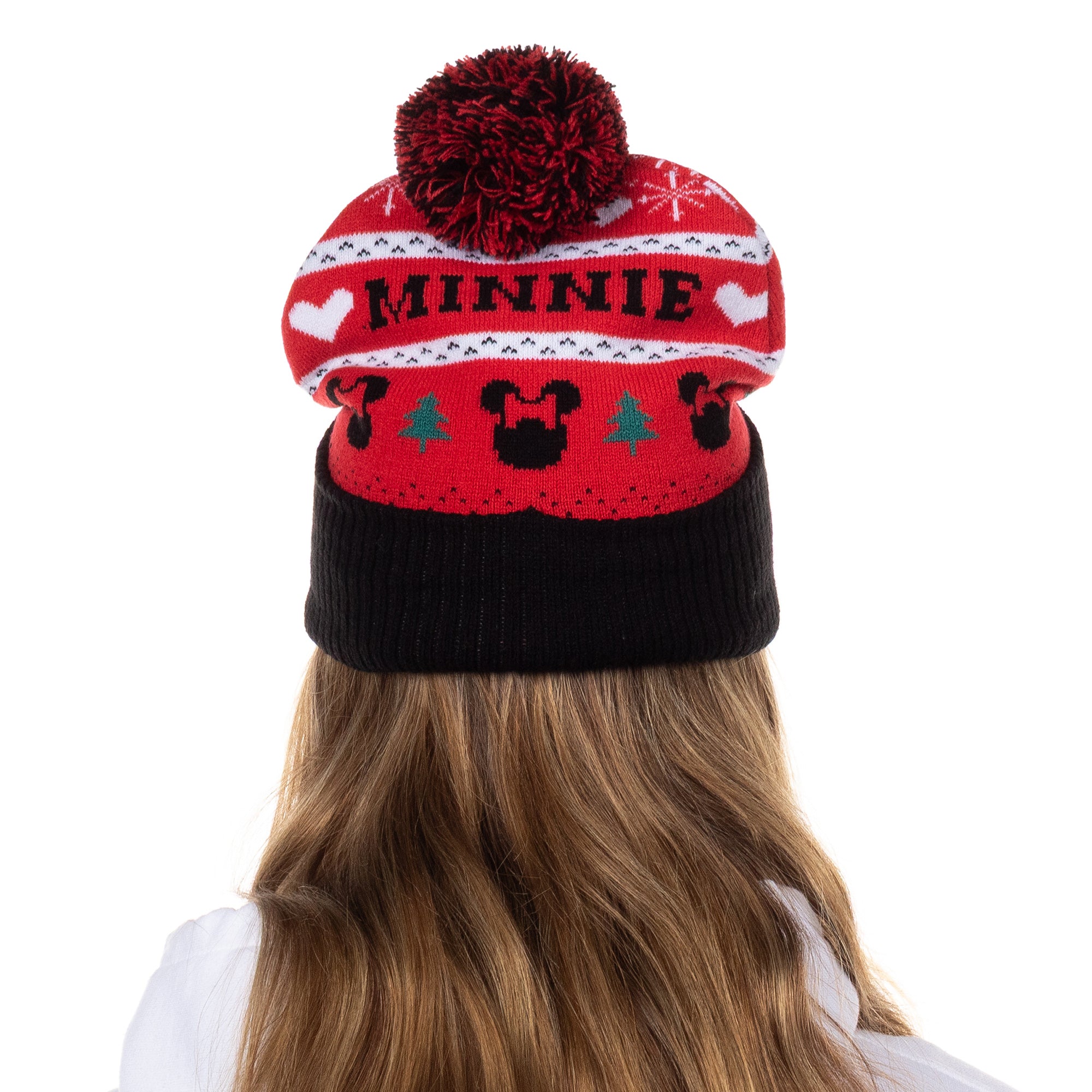 Disney Minnie Mouse Beanie Fair Isle Knit Design Cuffed Winter Hat with Pom
