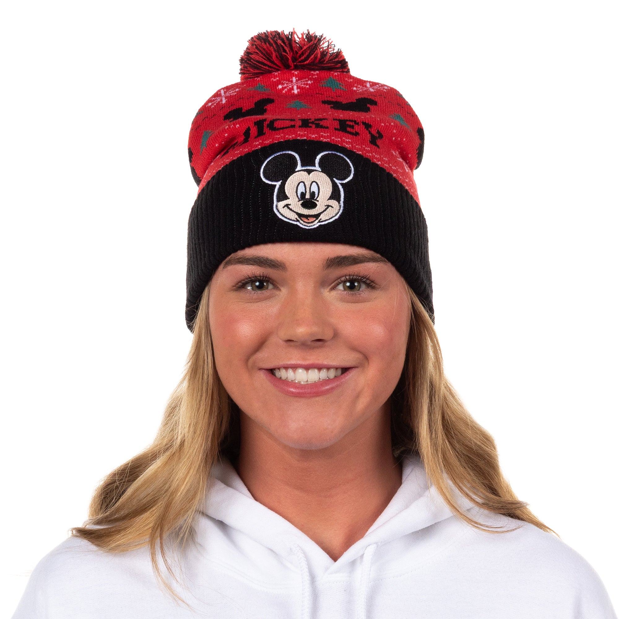 Disney Mickey Mouse Beanie Fair Isle Knit Design Cuffed Winter Hat with Pom