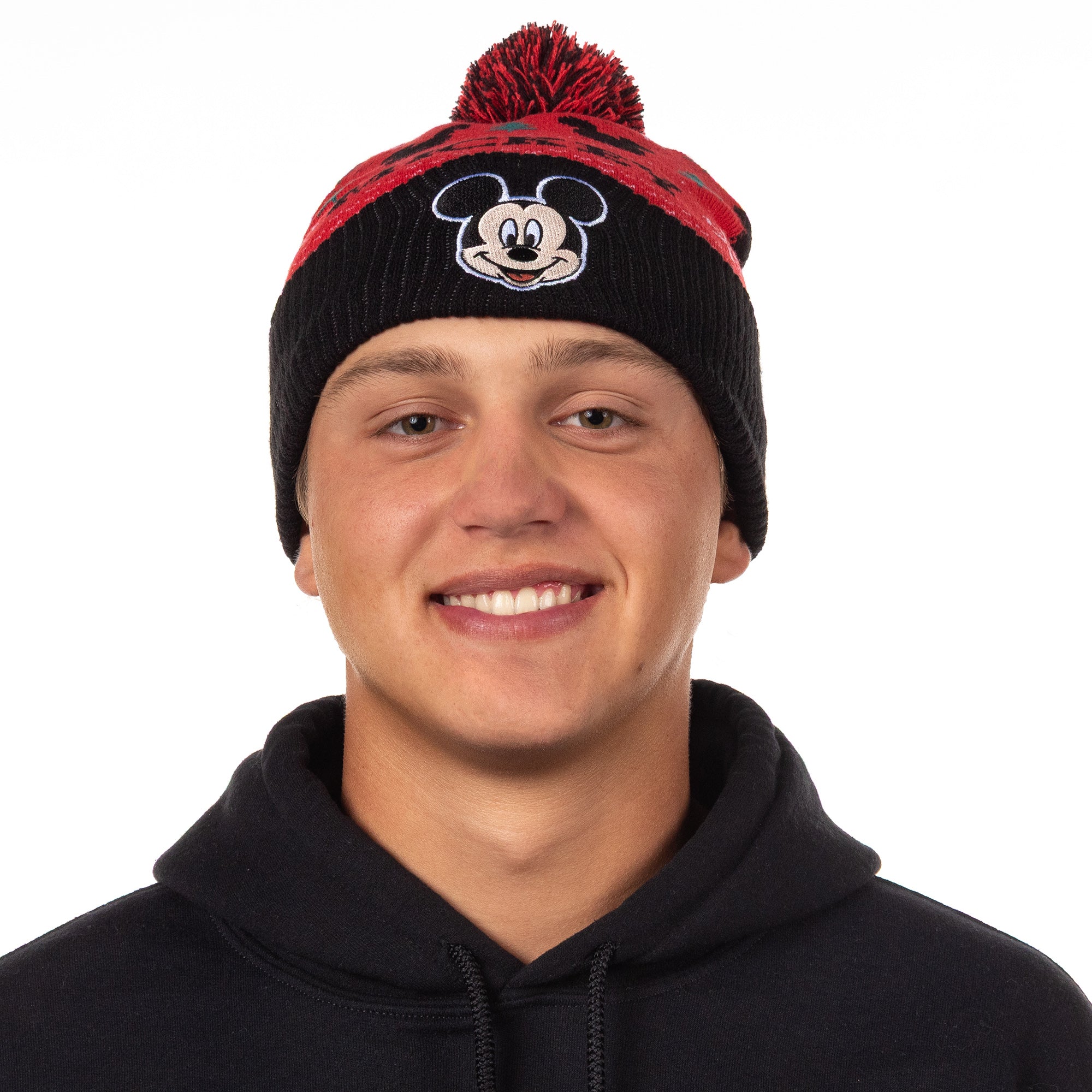 Disney Mickey Mouse Beanie Fair Isle Knit Design Cuffed Winter Hat with Pom