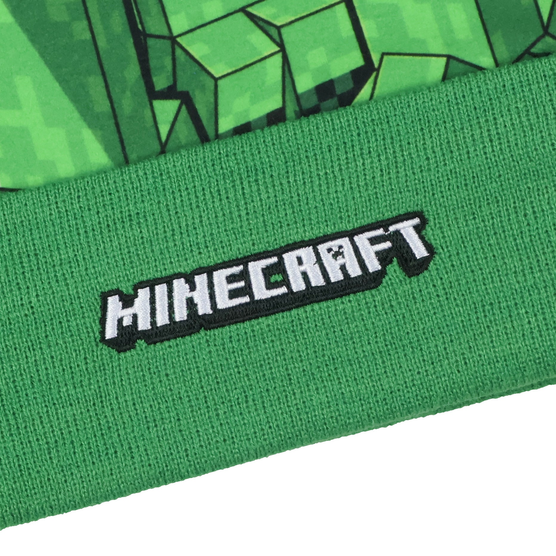 Minecraft Beanie Creeper Mob Sublimation Fleece Design Knit Cuffed Hat with Pom