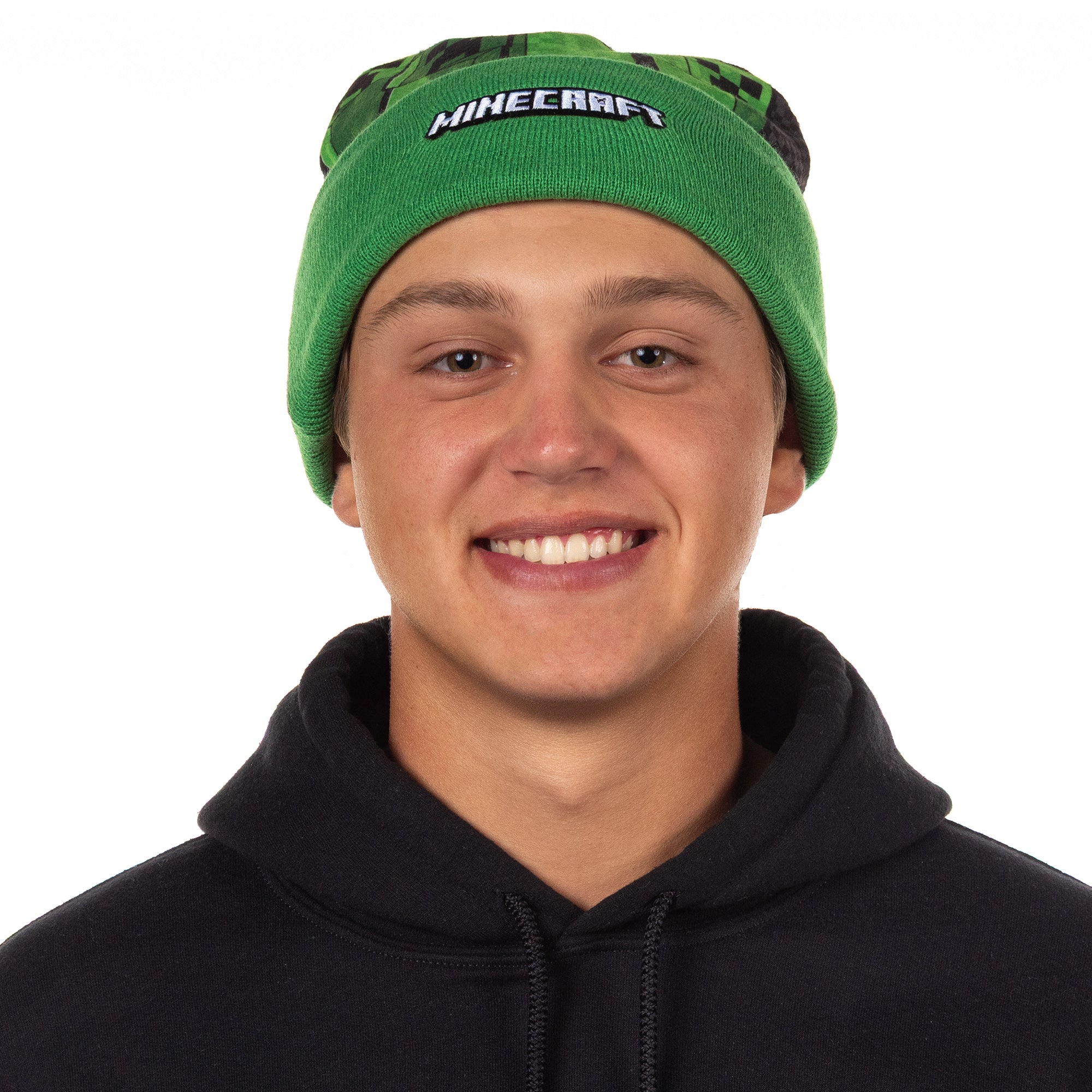 Minecraft Beanie Creeper Mob Sublimation Fleece Design Knit Cuffed Hat with Pom
