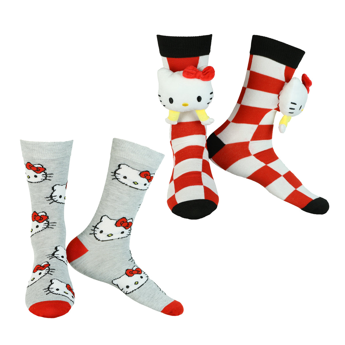 Sanrio Hello Kitty Plush Head Design 2-Pack Mid-Calf Crew Sock Set in Gift Box