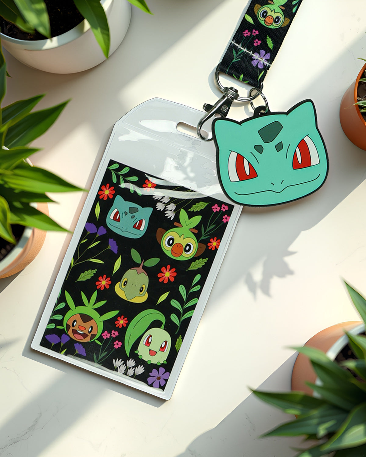 Pokemon Lanyard Grass Type Character Floral Design Clear ID Badge Holder Keychain
