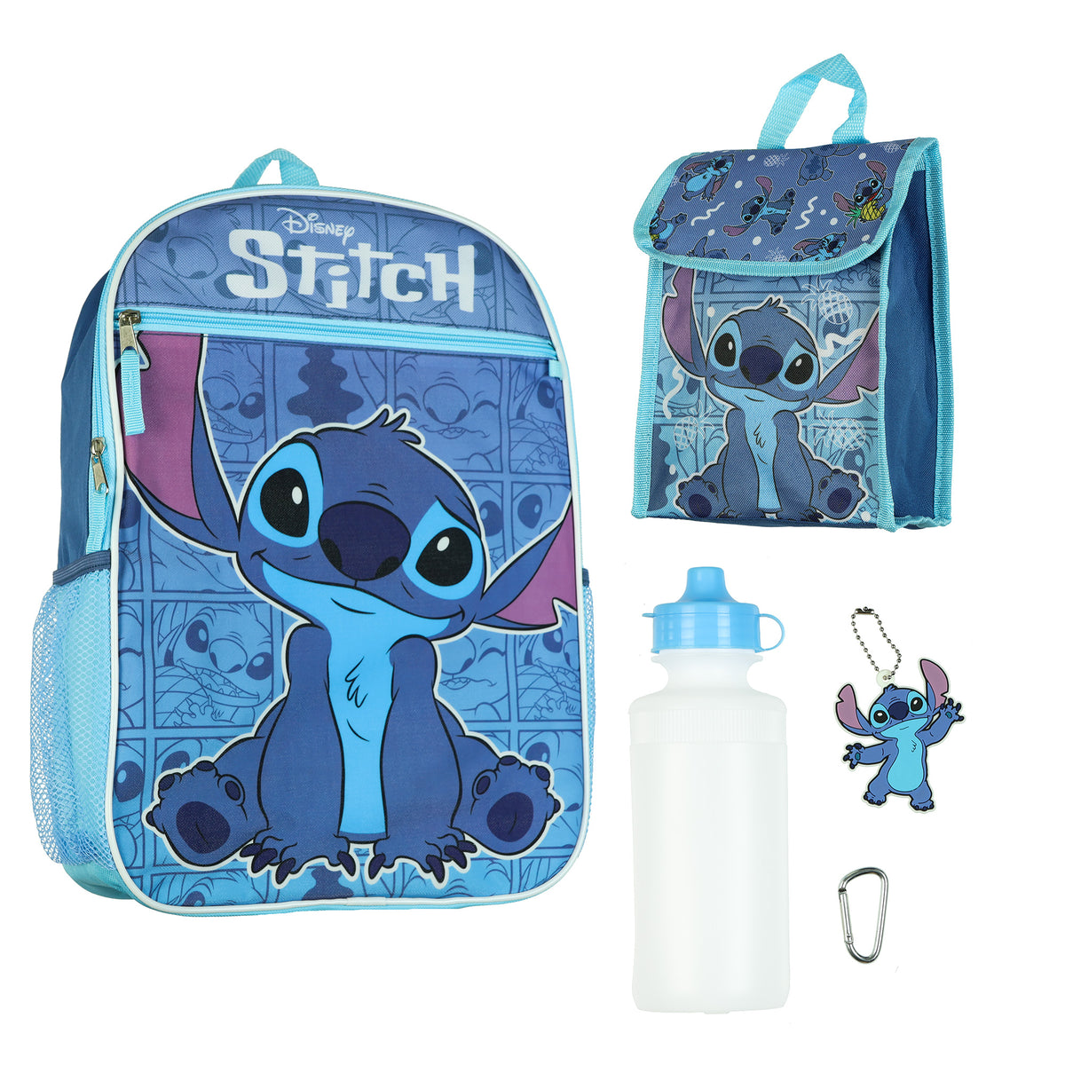 Disney Stitch Backpack 16" Shimmer Character 5 Piece with Detachable Lunch Box