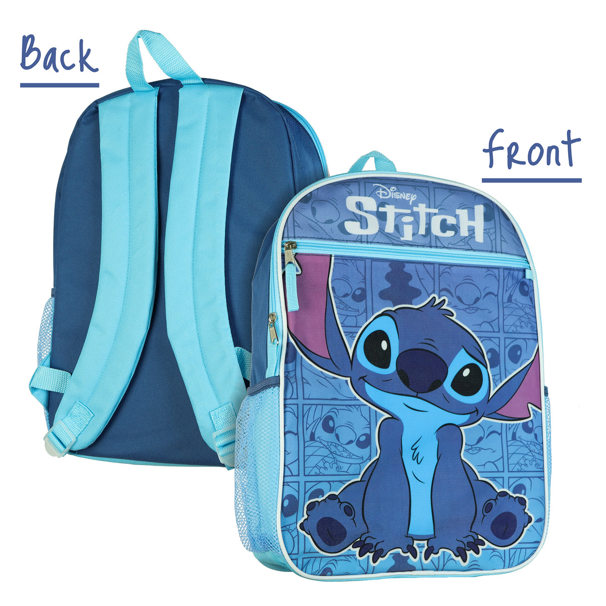 Disney Stitch Backpack 16" Shimmer Character 5 Piece with Detachable Lunch Box