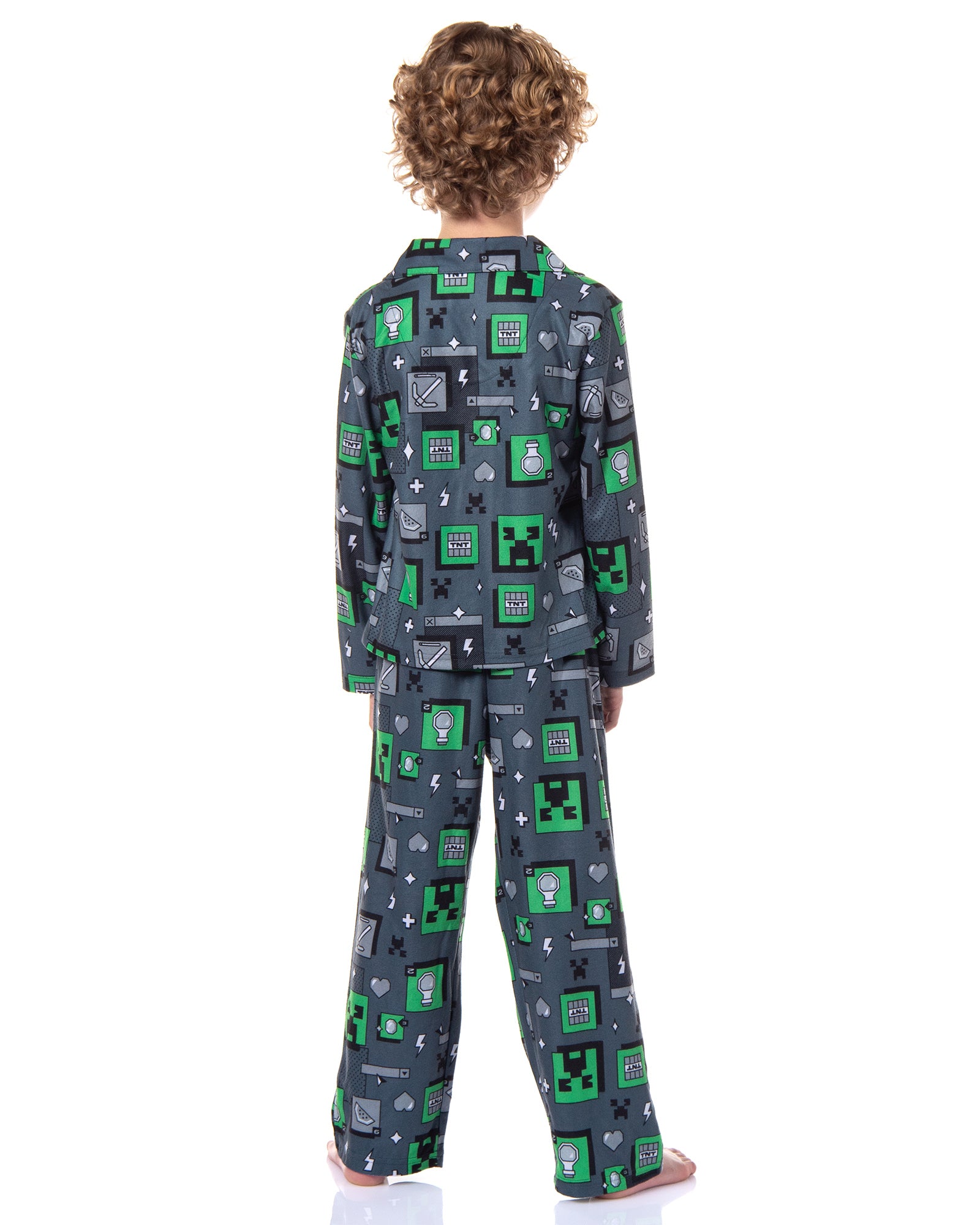 Minecraft Kid's AOP Creeper & Icons 2-Piece Button Down Coat Pajama Pant Set