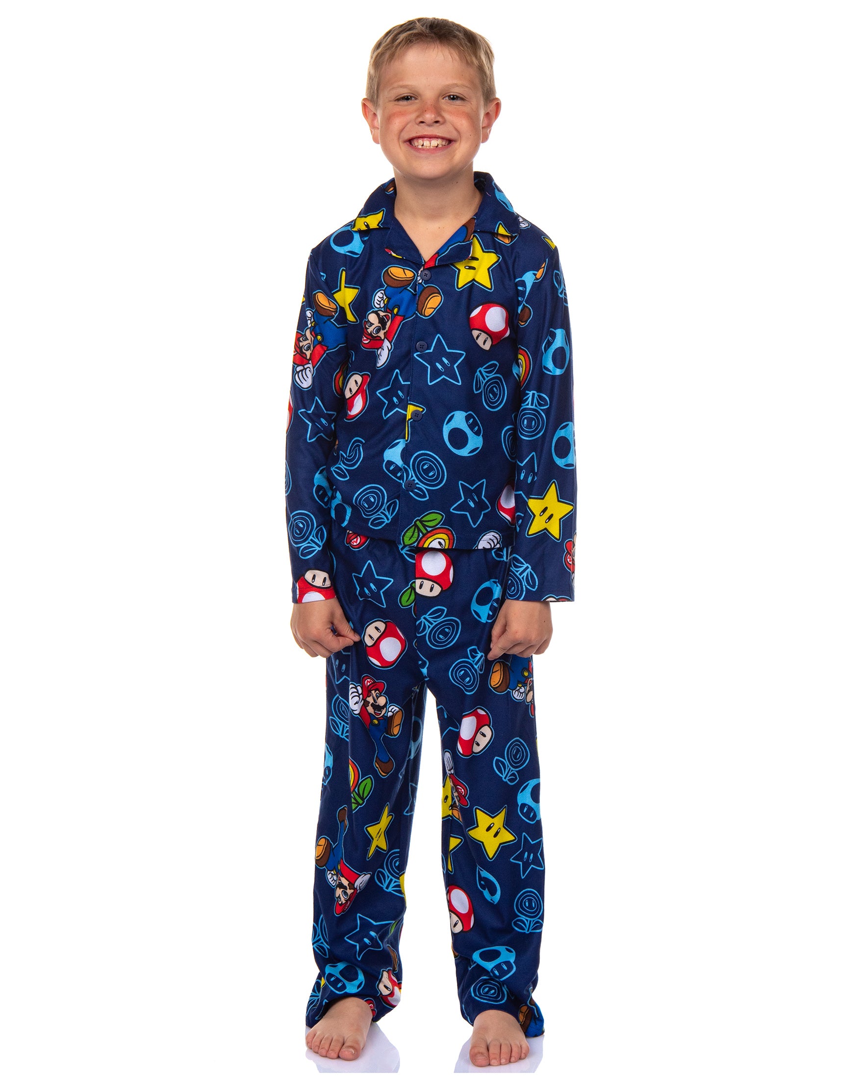Super Mario Kid's AOP Icons 2-Piece Button Down Coat Pajama Pant Set