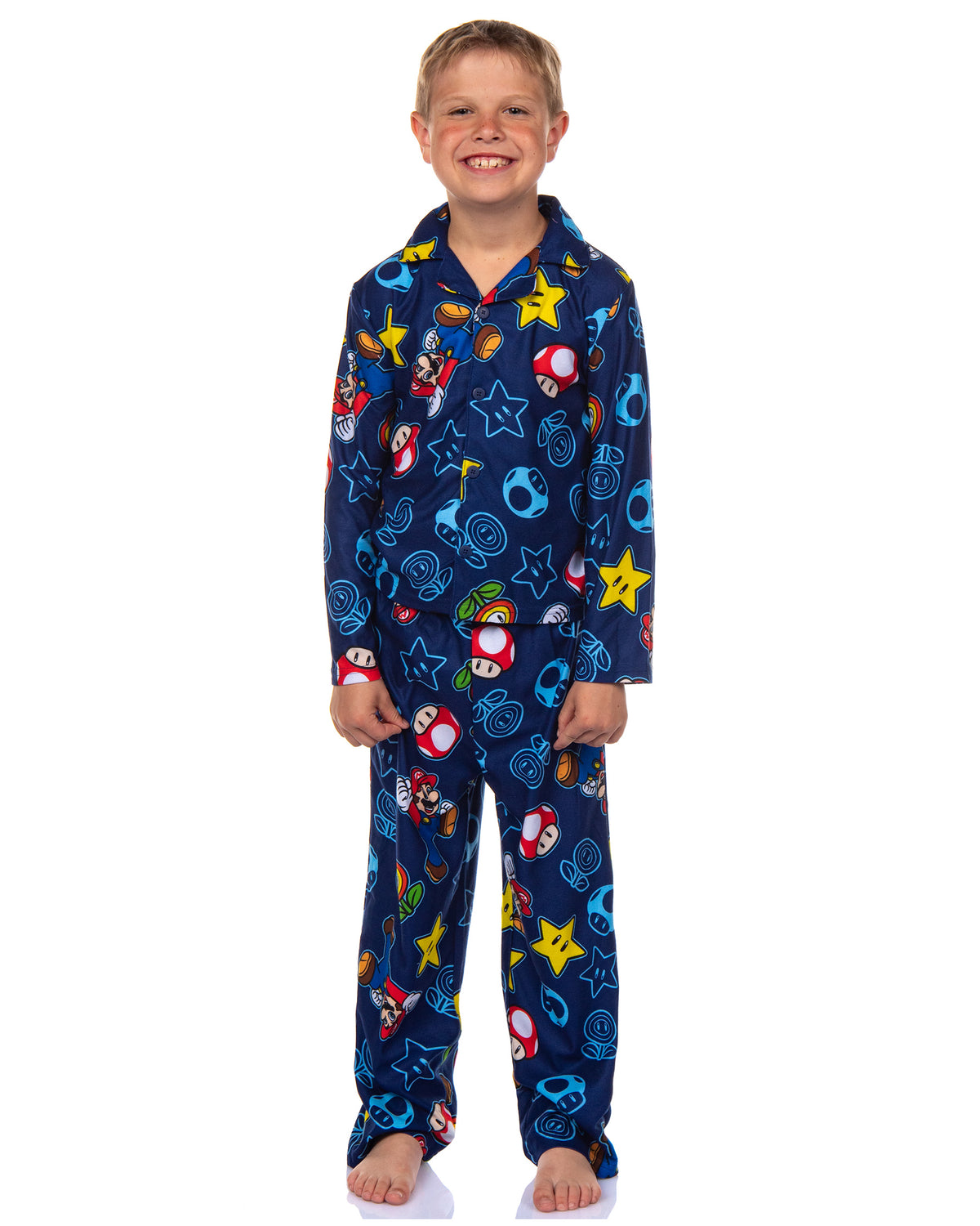 Super Mario Kid's AOP Icons 2-Piece Button Down Coat Pajama Pant Set