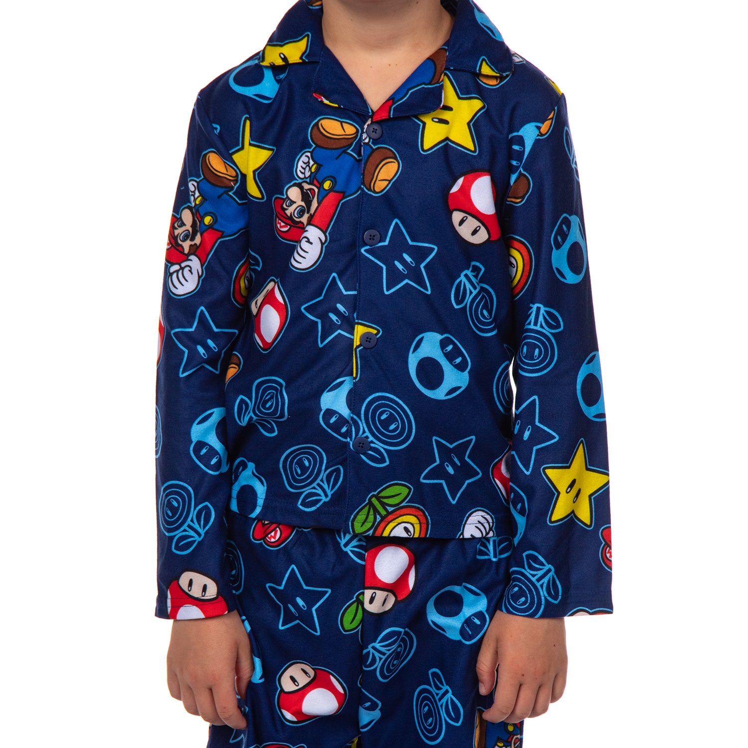 Super Mario Kid's AOP Icons 2-Piece Button Down Coat Pajama Pant Set
