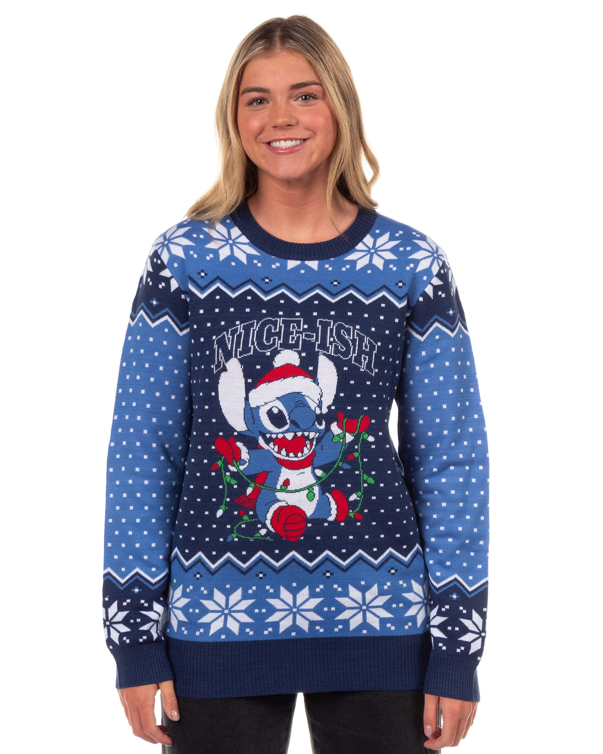 Disney Stitch Men's Nice-Ish Holiday Lights Pullover Crewneck Sweater