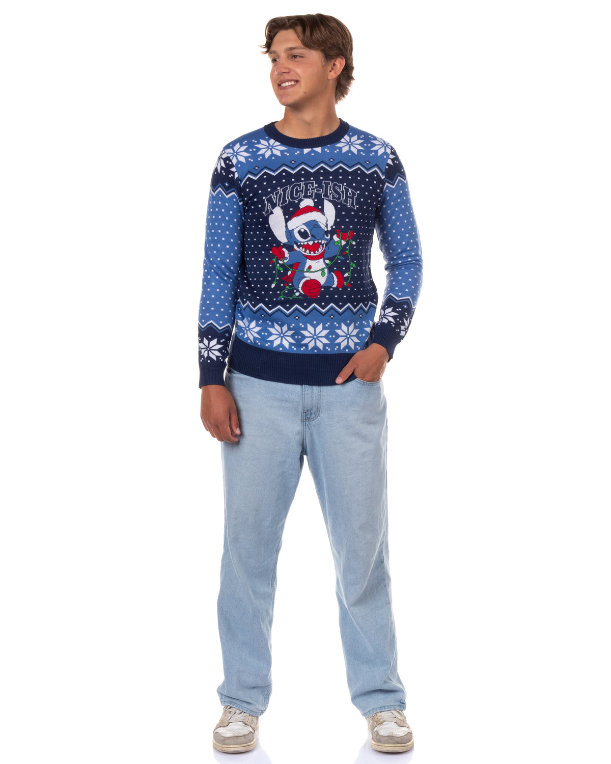 Disney Stitch Men's Nice-Ish Holiday Lights Pullover Crewneck Sweater