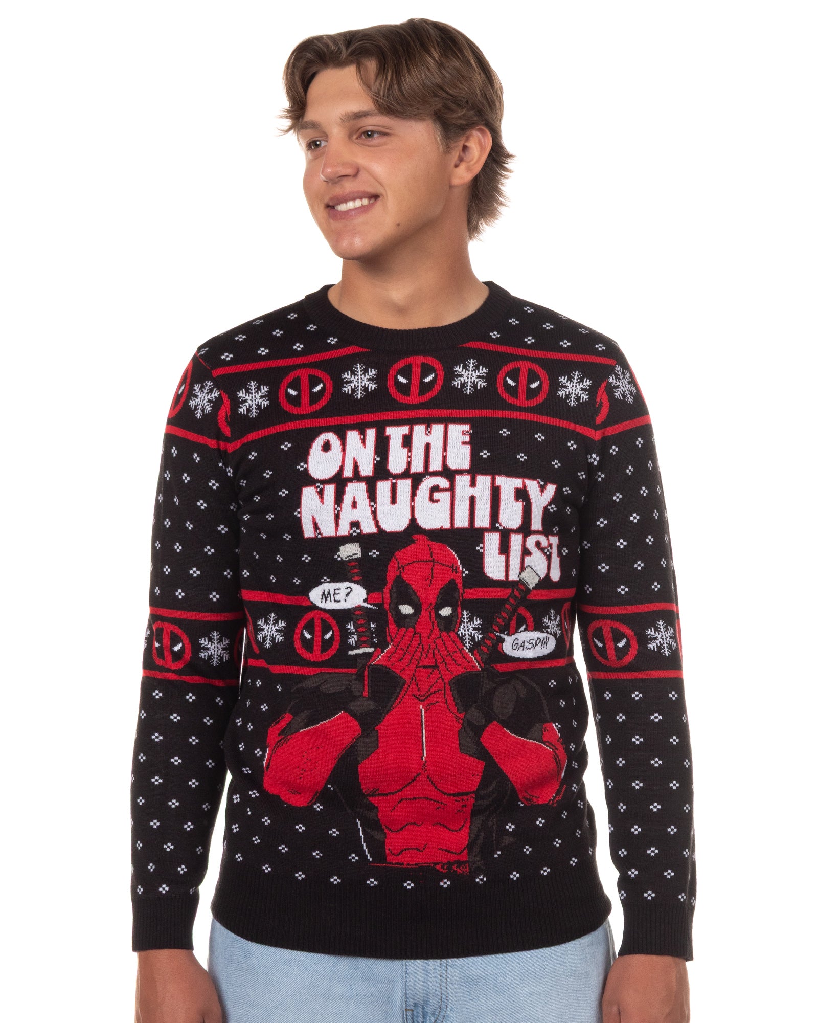Marvel Deadpool Men's On The Naughty List Pullover Crewneck Sweater