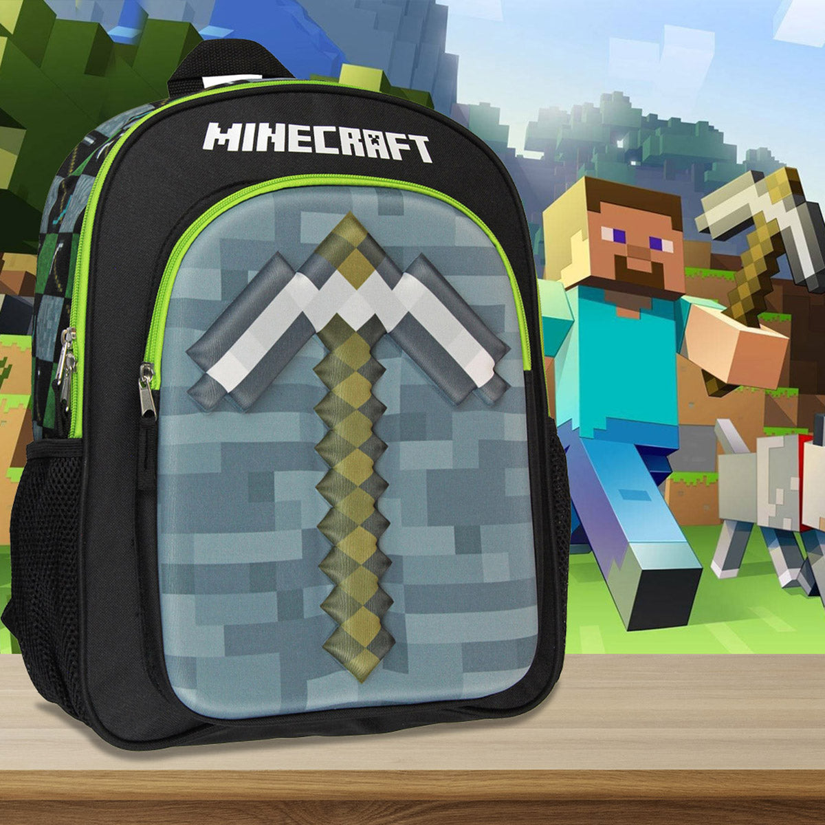 Minecraft Backpack Kids 16" 3D Molded Pickaxe Childrens School Bag