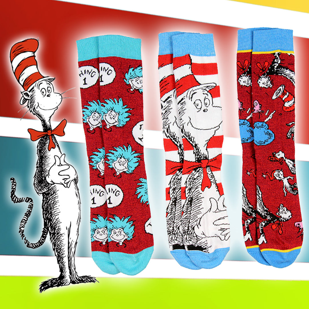 Dr. Seuss Socks Adult Cat In The Hat THING ONE THING TWO 3 Pack Mid-Calf Crew Socks