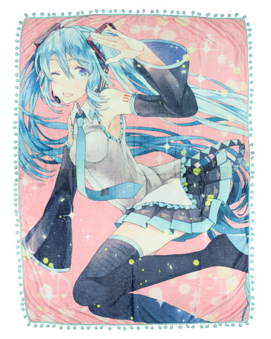 Hatsune Miku Blanket Anime Singer CV01 Pom Pom Fleece Throw 45 X 60"