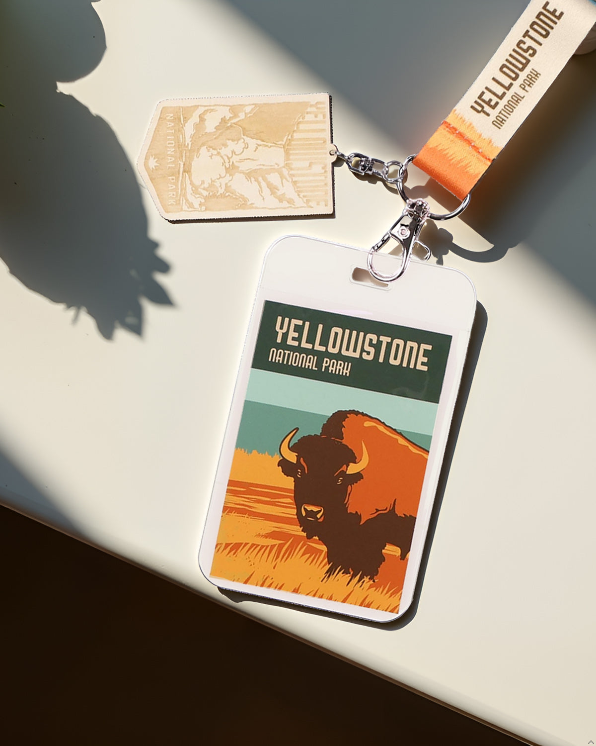 Yellowstone National Park Lanyard ID Badge Holder Breakaway Keychain Wood Charm