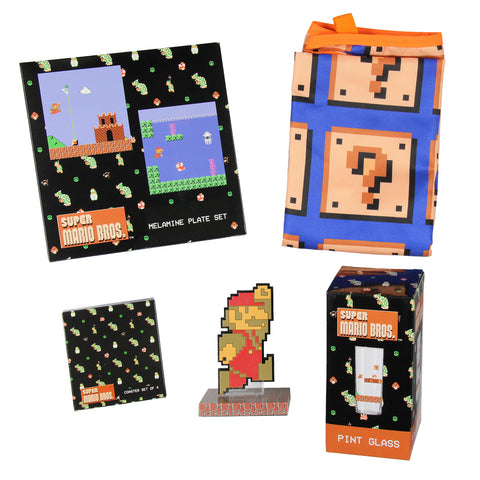 Nintendo Super Mario Bros. Collectors Bundle Gift Set - Figure, Pint Glass, Plate Set, Apron, Coasters