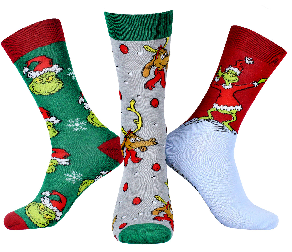 Dr. Seuss GRINCH Character Design Adult Holiday 3 Pair Crew Socks