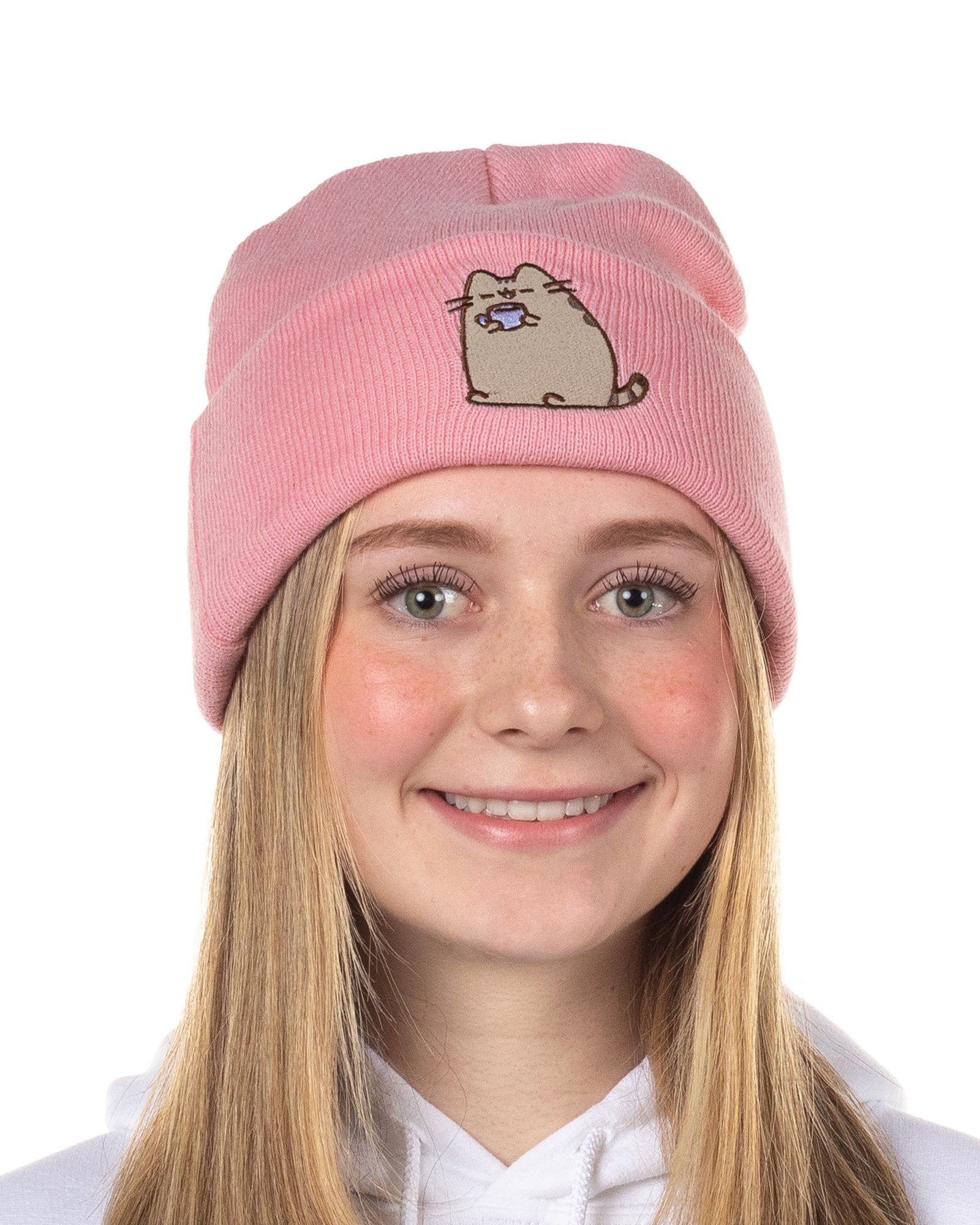 Pusheen Beanie Embroidered Tabby Cat Patch Design Fold Cuff Knit Hat Adult