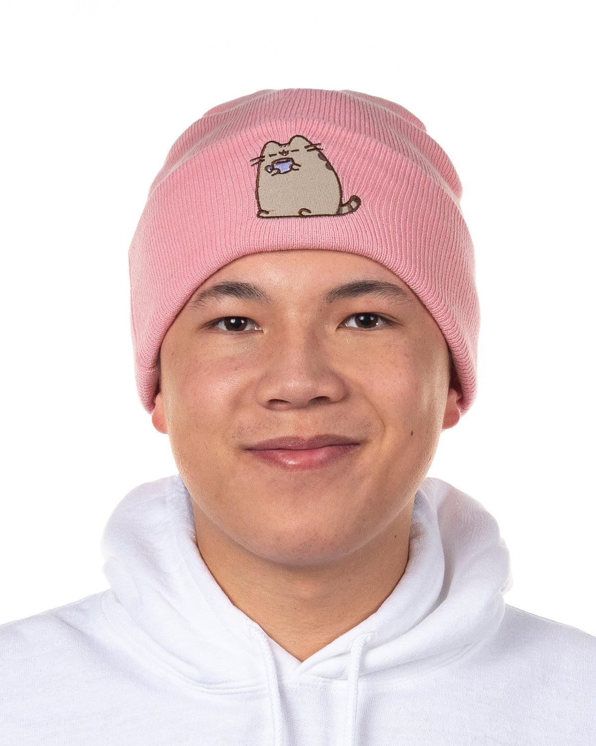 Pusheen Beanie Embroidered Tabby Cat Patch Design Fold Cuff Knit Hat Adult