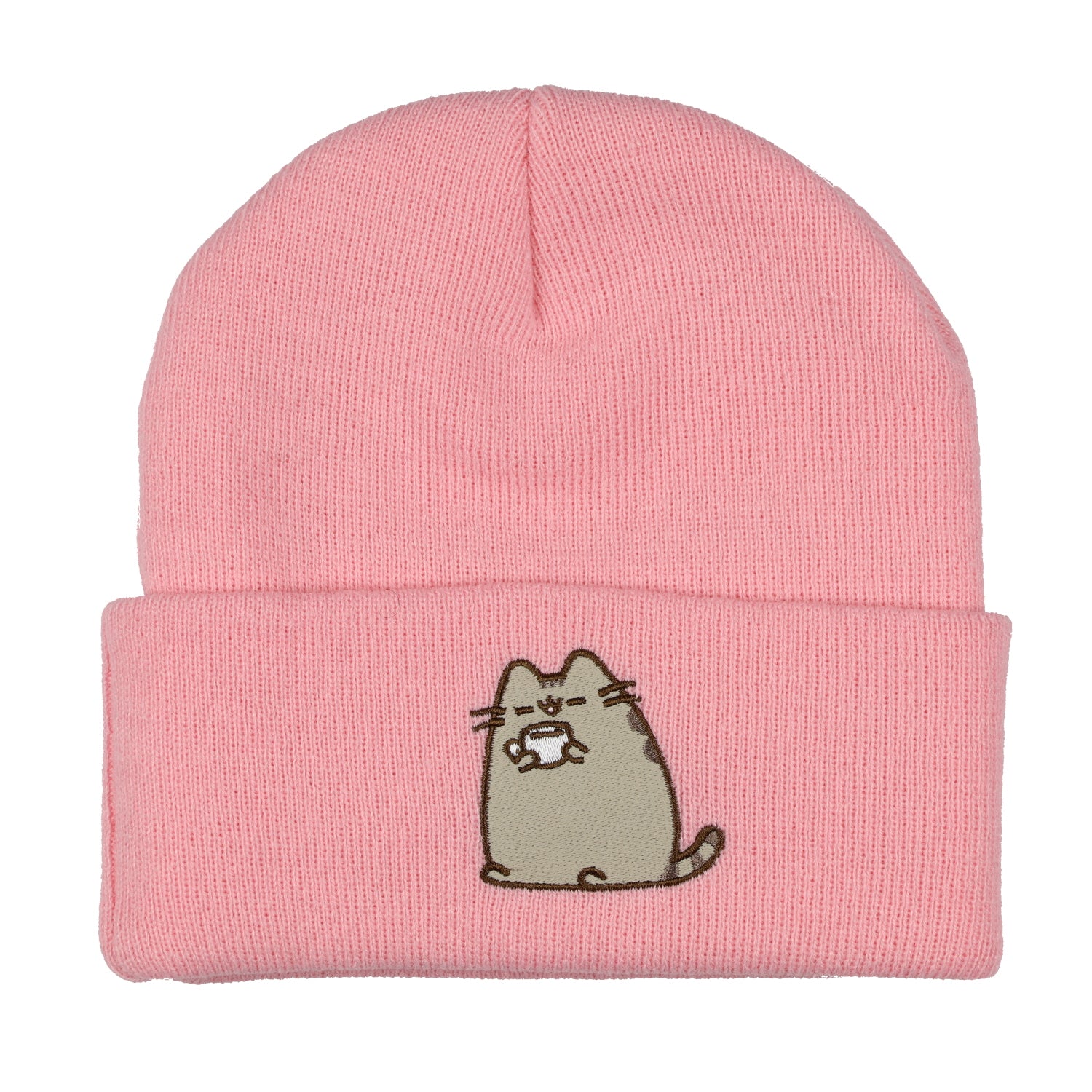 Pusheen Beanie Embroidered Tabby Cat Patch Design Fold Cuff Knit Hat Adult