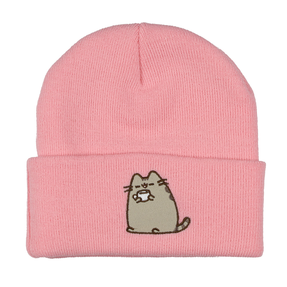 Pusheen Beanie Embroidered Tabby Cat Patch Design Fold Cuff Knit Hat Adult
