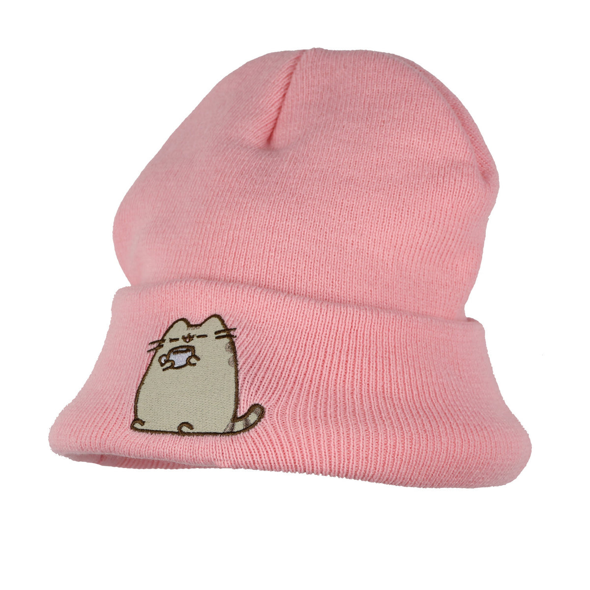 Pusheen Beanie Embroidered Tabby Cat Patch Design Fold Cuff Knit Hat Adult