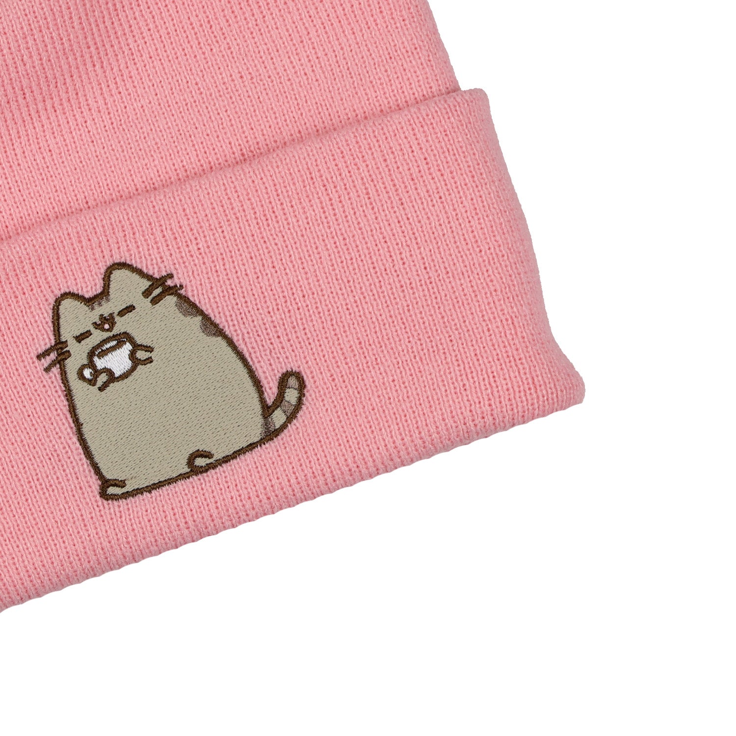 Pusheen Beanie Embroidered Tabby Cat Patch Design Fold Cuff Knit Hat Adult