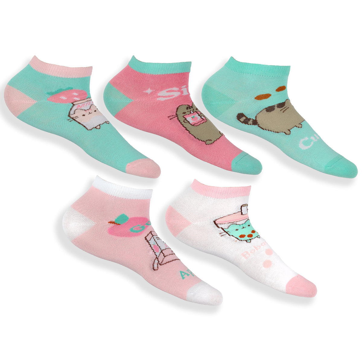 Pusheen Cat Socks Women's Pastel Snack Time 5-Pair Ankle Sock OSFM