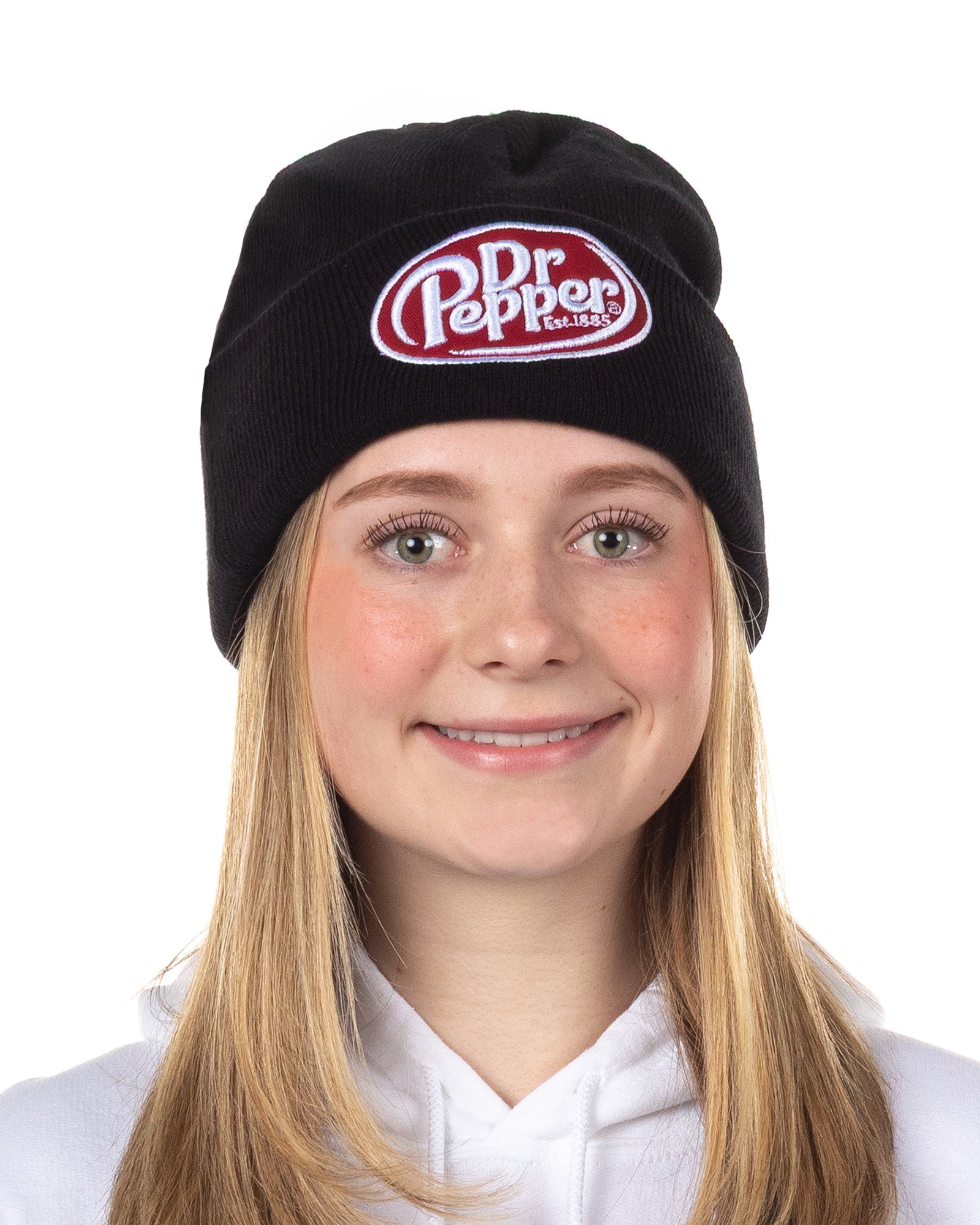Dr Pepper Beanie Black Knit Fold Cuff Hat with Embroidered Logo OSFM Adult