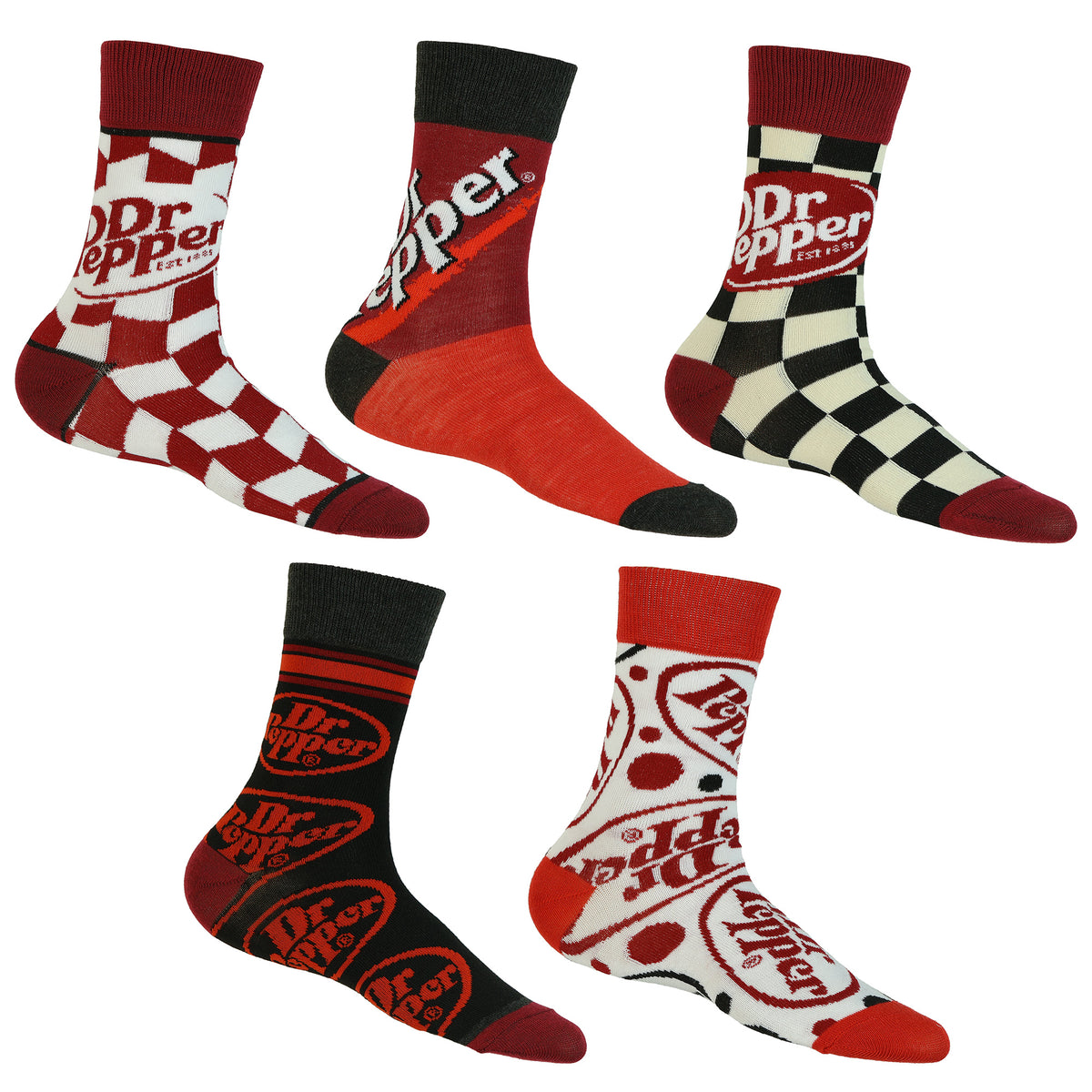 Dr. Pepper 5 Pack Logo Design Mix and Match Adult Mid-Calf Crew Socks 5 Pairs