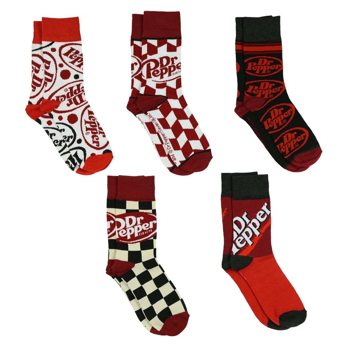 Dr. Pepper 5 Pack Logo Design Mix and Match Adult Mid-Calf Crew Socks 5 Pairs